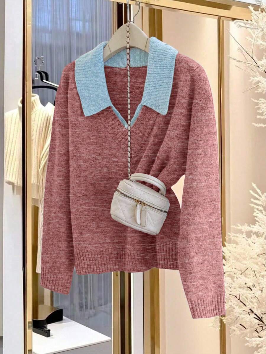 Franclia V-Neck 2 In 1 Long Sleeve Sweater, Autumn/Winter - Red and White - View 1