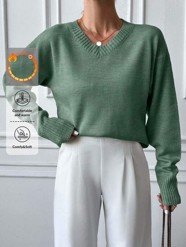 SHEIN Women's Solid Color V-Neck Dropped Shoulder Long Sleeve Loose Casual Sweater,Jumper,Cream Jumper,Jumpers,Black Jumper,Womens Jumper,White Jumper,Women's Jumper,Women's Jumpers,Winter Clothes