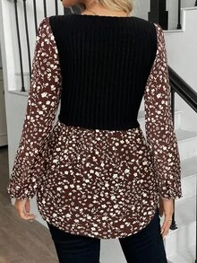 SHEIN LUNE Áo dệt kim tay phồng cổ chữ U, vạt cong, dáng chữ A họa tiết hoa nhí LUNE dành cho nữ, thích hợp cho mùa xuân/hè, phong cách thường ngày. - màu nâu - Xem 2