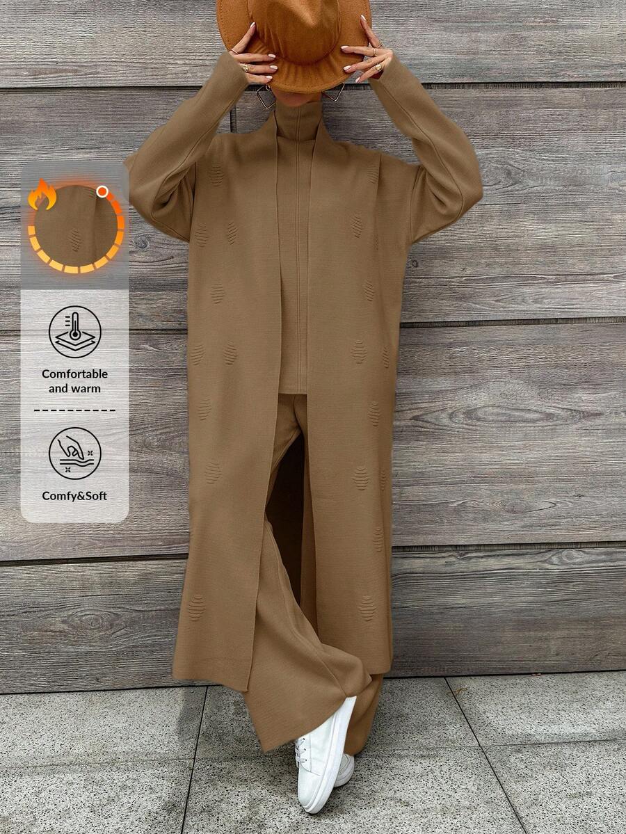 EURMUSE 2pcs Women's Casual Solid Color Cardigan & Pants Set, Fall/Winter - Camel - View 1
