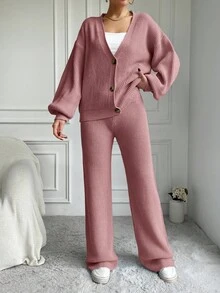 EURMUSE 2 件套女士纯色灯笼袖单排扣休闲开衫和针织长裤休闲套装，秋冬 - 乾枯玫瑰色 - 查看 5