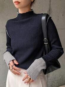 FRIFUL 女士高领撞色罗纹针织修身打底衫，秋冬长袖女款 - 藏蓝色 - 查看 1