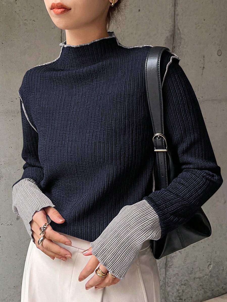 FRIFUL 女士高领撞色罗纹针织修身打底衫，秋冬长袖女款 - 藏蓝色 - 查看 1