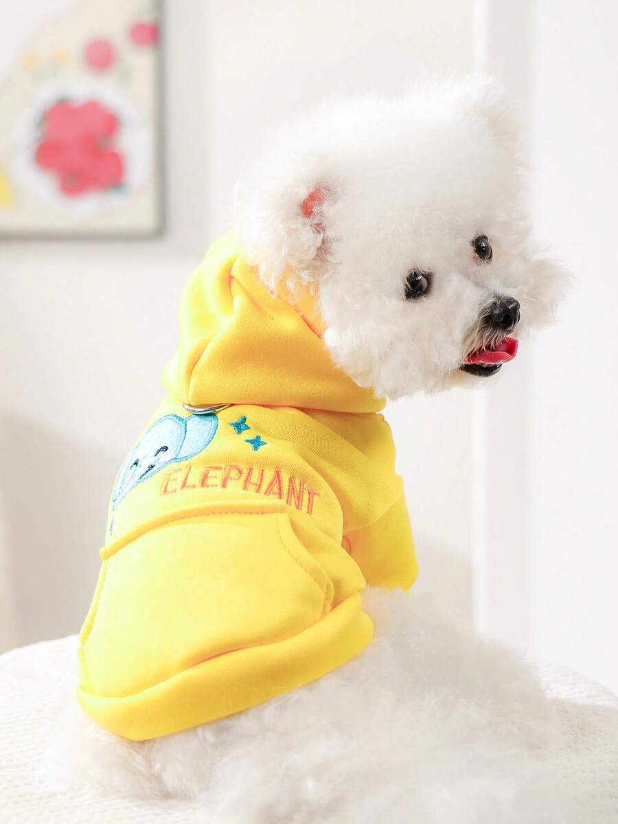 PETSIN 1 件宠物服装,可爱刺绣大象黄色秋冬保暖连帽衫,猫狗穿着口袋温暖舒适的夹克 - 黃色 - 查看 1