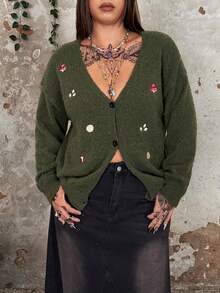 Whyspr Grunge Punk Cottage Punk Plus Size Women Maple Leaf Embroidered Knit Cardigan - Green - View 4