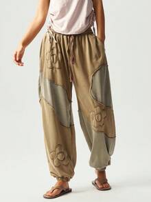 Bohemela Casual Knitted Color Block Mid-Waist Loose Washed Women Pants