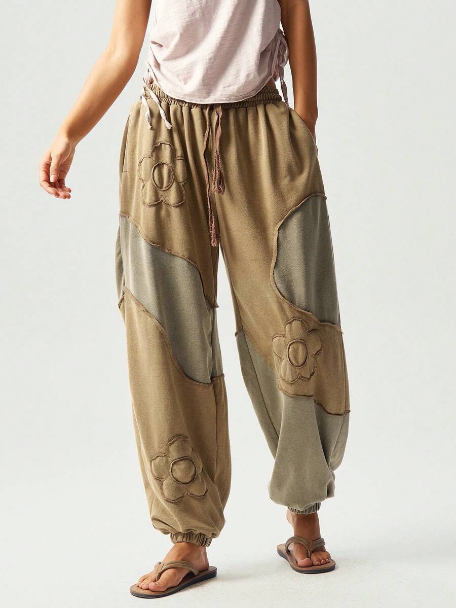 Bohemela Casual Knitted Color Block Mid-Waist Loose Washed Women Pants