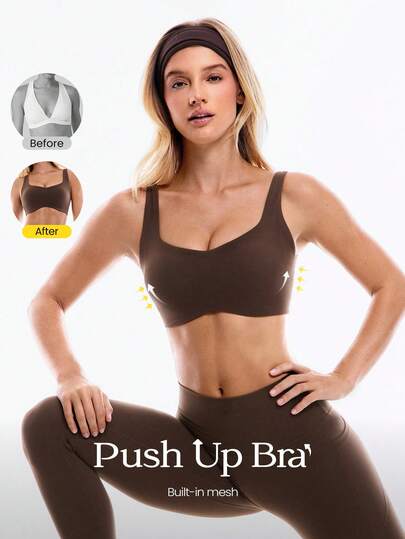 GLOWMODE FeatherFit™-Sculpt Soutien-gorge de sport push-up avec compression, bretelles en maille intégrées, coques amovibles, dos en V, impact moyen, pour la course, le jogging, l'entraînement, la gym, les activités