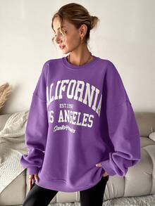 EURMUSE 女式字母印花圆领长袖休闲宽松卫衣，秋冬 - 紫丁香色 - 查看 4