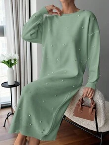 EURMUSE 女士纯色圆领珍珠细节长款毛衣连衣裙