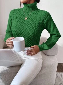 EURMUSE Turtleneck Cable Knit Sweater - Green - View 5