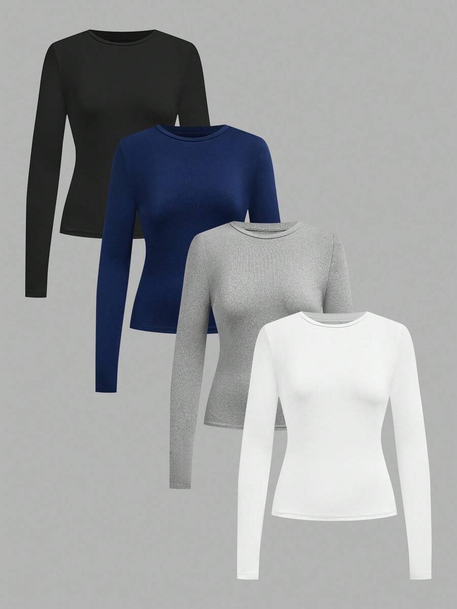 SHEIN EZwear 4 件套女士圆领休闲修身长袖 T 恤套装，秋冬 - 彩色 - 查看 1