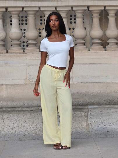 Mima John Women's Casual Vacation Travel Tie-Up Straight Leg Trousers, Yellow, Versatile & Slimming, Woven Fabric, Spring/Summer
