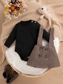 SHEIN Baby Girl Puff Sleeve Bodysuit & Houndstooth Print Suspender Skirt
