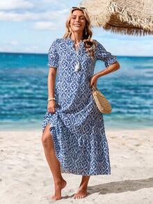 Sylviya 女式 V 领荷叶边饰腰带摆连衣裙，夏季 - 藍色 - 查看 3