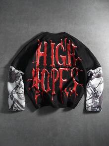 PAVTROS T-shirt à manches longues casual pour hommes avec imprimé patchwork bicolore, automne