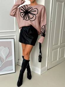 EURMUSE Casual Loose Fit Crew Neck Sweater With Contrast Embroidery, Autumn/Winter - Dusty Pink - View 3