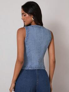 COSMINA Denim Women's Blue Color Round Neck Front Button Casual Sleeveless Denim Top - Baby Blue - View 2