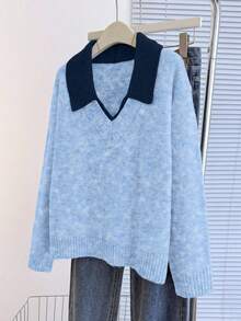 Franclia V-Neck 2 In 1 Long Sleeve Sweater, Autumn/Winter - Dusty Blue - View 6