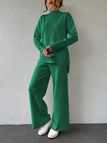 SHEIN Cottnline 女款立領落肩長袖毛衣+毛衣褲套裝 - 綠色 - 查看 3