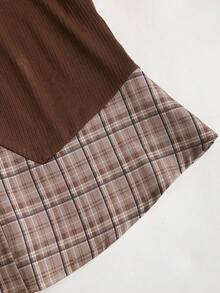 SHEIN PETITE Women's Vintage Elegant Plaid Patchwork Long Sleeve Waist Shirt, Autumn/Winter - Coffee Brown - View 4