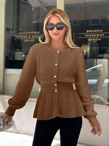 EURMUSE Women Solid Color Front Button Round Neck Cardigan,Cardigans,Long Cardigans Woman,Petite,Tall - Camel - View 5
