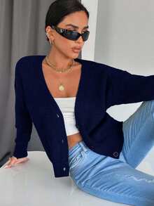 EURMUSE 女式纯色落肩长袖单排扣休闲针织开衫 - 藏蓝色 - 查看 5