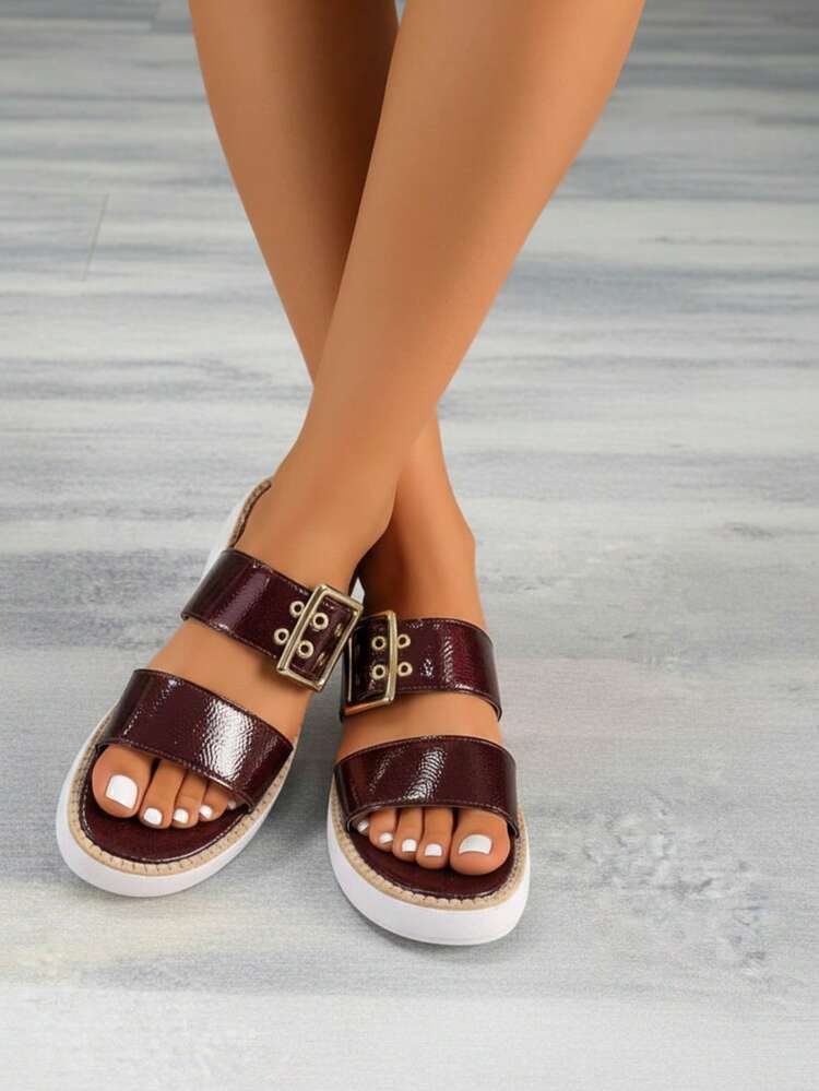 Sandalias mujer suela gruesa cómoda recubierto hebilla grande estilo casual banda ancha moda primavera verano vacaciones - Burdeos - Añade 3