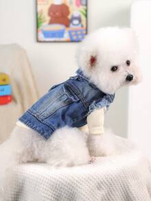 PETSIN 1pc Cat And Dog Universal Clothes, Spring And Autumn Handsome Brushed Retro Blue Jacket, Comfortable Pet Clothing Clothing - Vintage Blue - View 1