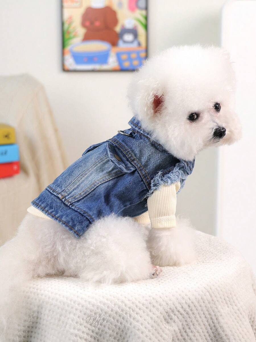 PETSIN 1pc Cat And Dog Universal Clothes, Spring And Autumn Handsome Brushed Retro Blue Jacket, Comfortable Pet Clothing Clothing - Vintage Blue - View 1