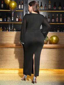 SHEIN Clasi 大码时尚派对喇叭袖水晶装饰连衣裙 - 黑色 - 查看 3