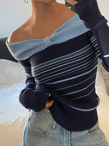 Livesso 女士休闲露肩条纹毛衣，秋季可爱上衣 - 藏蓝色 - 查看 6