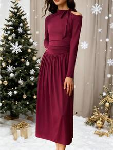 Omancia Women's Ruffle Collar Long Sleeve Off-Shoulder Pleated Fitted Fashionable Dress - Coffee - View 1