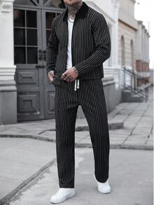 Manfinity CasualCool 男士休闲条纹印花拉链外套和抽绳长裤套装，春秋季男士西装外套和裤子，男士休闲西装两件套条纹套装 - 黑色 - 查看 3