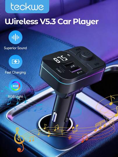Teckwe Wireless MP3 Player & Multi-USB Car Charger With Colorful Lights, Car Audio Player, FM Transmitter For Car, Hands-Free Calling, Charger With USB C Port & 2 USB Ports