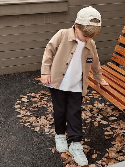 SHEIN Young Boy Letter Patched Detail Pocket Front Shirt & Pants Without Tee Chic Outfits For Autumn/Winter