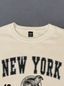 Manfinity Dauomo 男士休闲字母图案圆领运动衫，秋季 - 卡其色 - 查看 3