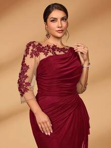 Serin Đầm dạ hội dáng đuôi cá sang trọng, thanh lịch, cỡ lớn, chất liệu ren thêu, xuyên thấu, tay dài, co giãn, lưới dệt kim, xếp ly, thích hợp cho đám cưới, tiệc tùng, kỳ nghỉ, dạ hội, váy dành cho mẹ cô dâu, ngày Valentine. - Màu Đỏ Sâu - Xem 4