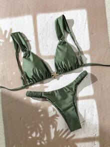 Swim Chiccia 女士纯色细肩带金属装饰比基尼套装，春夏 - 軍綠色 - 查看 2