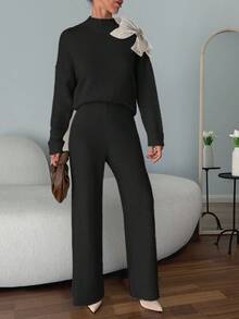 EURMUSE Women Sweater Sets With 3d Big Ribbon Detail - Black - View 7