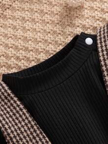 SHEIN Baby Girl Puff Sleeve Bodysuit & Houndstooth Print Suspender Skirt