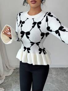 SHEIN Elenzya Suéter de mujer de cuello redondo elegante, manga larga, con lazo, estampado floral de jacquard, con puños y bajo con volantes de color contrastante, versátil para múltiples ocasiones, otoño/invierno - Blanco - Ver 4