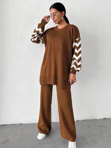 EURMUSE Women's Casual Long Sleeve Sweater Top And Pants 2 Pieces Set - Chocolate Brown - View 6