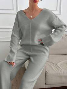 SHEIN Tall 高个女款V领宽松毛衣和针织裤套装 - 灰色 - 查看 2