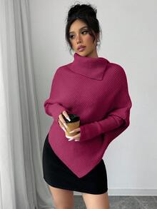 EURMUSE 女式不对称蝙蝠翼高领纯色经典针织毛衣，时尚百搭，适合秋冬季度假穿着 - 粉色 - 查看 3