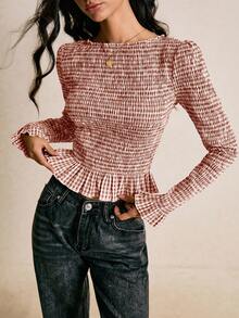 Poéselle Women's Autumn Fashionable Plaid Slim Fit Blouse - Brown - View 6