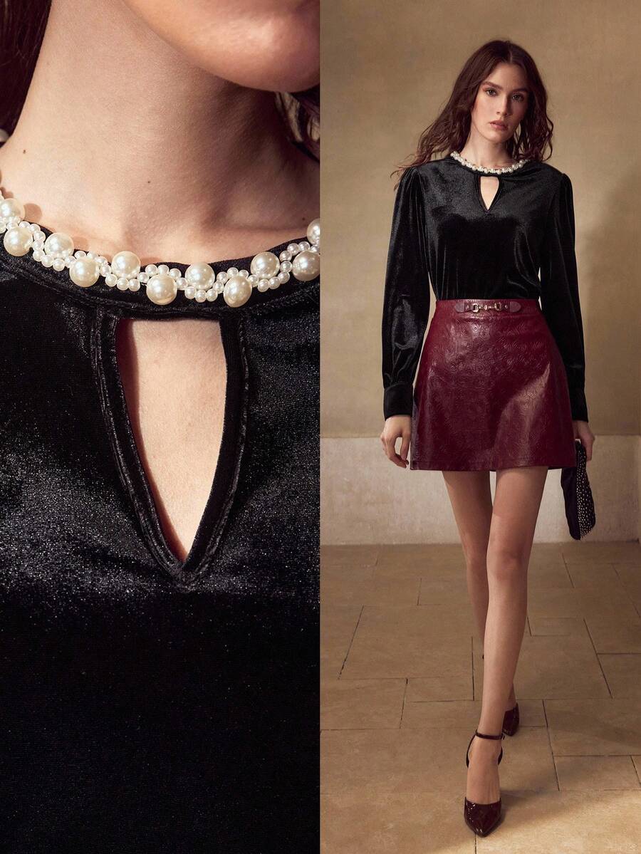 MOTF PREMIUM VELVET FAUX PEARL DETAIL BLOUSE, AUTUMN - Black - View 1