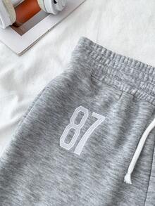 SHEIN Tween Girls Grey 87 Embroidered Low Waist Ribbed Contrast Color Drawstring Tie Slant Pocket Wide Leg Loose Casual Sweatpants For Daily, Vintage Sports - Light Grey - View 3