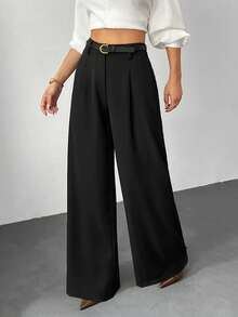 SHEIN PETITE Women's Petite Size Black Solid Color Wide-Leg Pants, With Belt (Belt Included). Casual High-Waisted Wide-Leg Pants, Elegant For Commuting, Women's Winter Wear, Women's Thanksgiving Wear, Suitable For Business And Professional Settings, Versatile And Stylish.,Black Pant,Fall,Fall Clothes For Women High Waist Pants Black Wide Leg Pants - Black - View 1