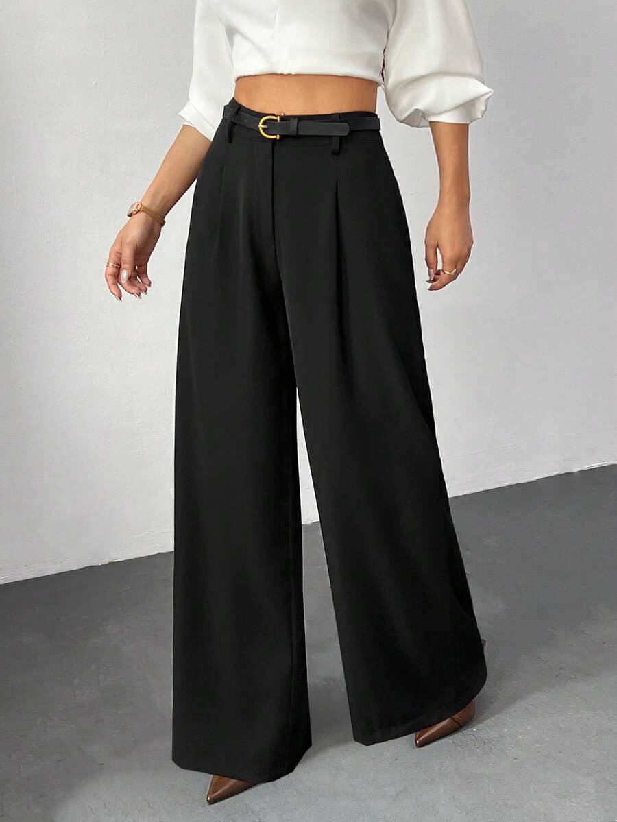 SHEIN PETITE Women's Petite Size Black Solid Color Wide-Leg Pants, With Belt (Belt Included). Casual High-Waisted Wide-Leg Pants, Elegant For Commuting, Women's Winter Wear, Women's Thanksgiving Wear, Suitable For Business And Professional Settings, Versatile And Stylish.,Black Pant,Fall,Fall Clothes For Women High Waist Pants Black Wide Leg Pants - Black - View 1